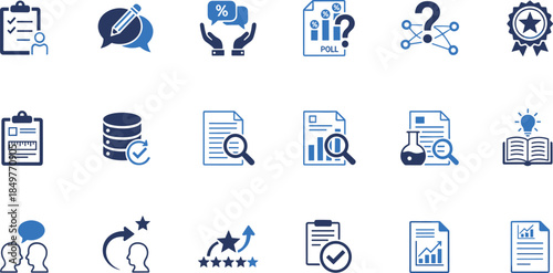 Survey and research icon set illustrating feedback, data analysis, reports, polls, evaluation, customer experience, statistics, documentation, insights, and business decision making