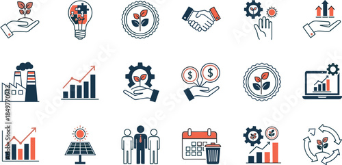 Sustainable business growth icons set, eco finance, renewable energy, teamwork, innovation, analytics, corporate responsibility, startup strategy, flat line vector illustration