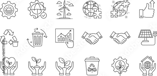 Sustainability and green energy icon set illustrating renewable power, recycling, environmental protection, eco friendly business, climate responsibility, and sustainable development concepts