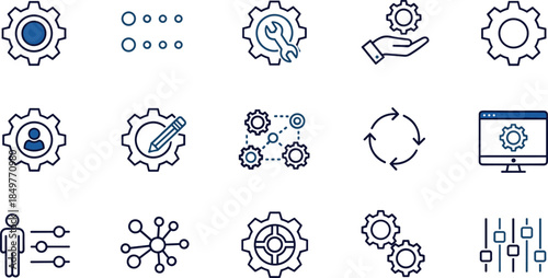 System settings and configuration line icons set, gear, process control, automation, workflow management, user preferences, optimization symbols for web and app design