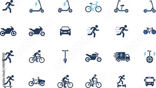 Urban mobility and transportation icon set collection, electric scooter, bicycle, running, car and delivery symbols, modern flat vector illustration for web, app and infographic design