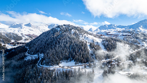 Aerial view of Skiing area of Paradiski, La Plagne, France Alpes