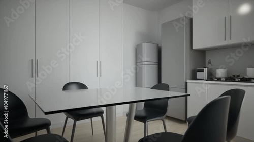 Modern office interior and living room featuring contemporary furniture with a desk, chair, and computer on a table in an empty workplace window seat