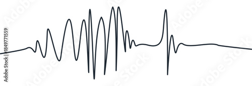 Minimalist Abstract Sound Wave Illustration: A Continuous Black Line Representing Frequency, Heartbeat, and Digital Signals Over a White Background for Technical and Medical Graphic Design