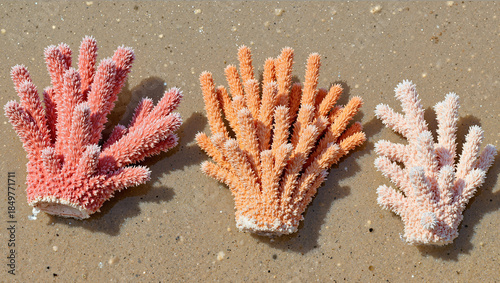 Coral fragments in shades of pink and orange on sandy beach.  World Wildlife Day   