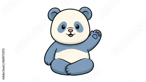 Isolated blue panda waving with cheerful expression sitting with crossed legs in front view
