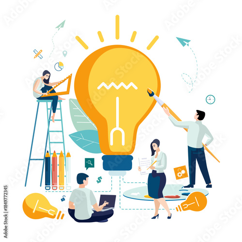 Vector illustration. Ideas are important for your business, entrepreneurial journey. People, workers girls and boys with office tools creative group drawing new idea. Finance development concept