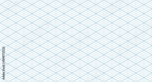 An isometric blue triangular grid on paper. Rulers, guides, and precise markings are included. Vector background template for blueprints, architectural plans, and technical graphics.