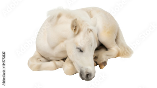 Obraz na plátně Isolated miniature white horse rests quietly with closed eyes, the perfect compa