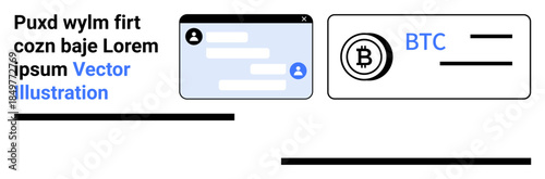 Communication, cryptocurrency, blockchain, digital networking, financial technology, online transactions. Chat interface with messages and a Bitcoin logo. Communication and cryptocurrency concept
