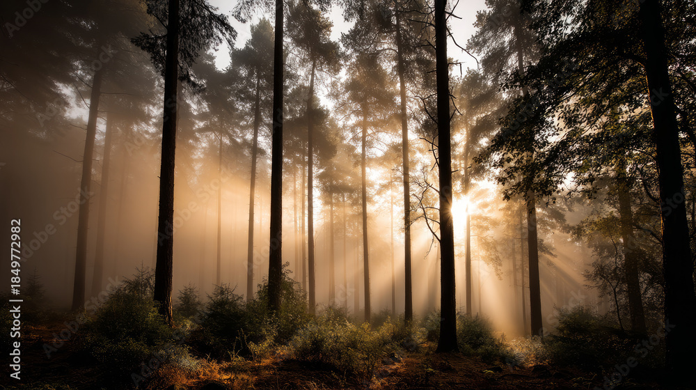 Obraz premium Beautiful forest background for screensaver. with sunbeams. Calm close-up of fairytale forest and nature landscape, panorama. Summer vacation, holiday, amazing nature.