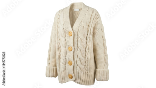 Obraz na płótnie Isolated cable knit cardigan sweater, textured, beige wool garment, warm clothin