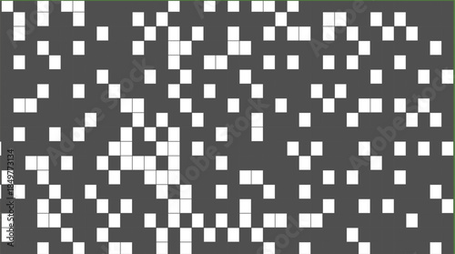 Modern Abstract Digital Pixel Pattern: A Minimalist Vector Background with Scattered White Squares Over a Dark Grey Backdrop Representing Data, Coding, Technology, and Future Innovation