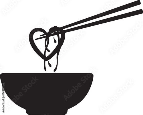 Heart-shaped noodles lifted by chopsticks from a simple bowl, symbolizing love for food
