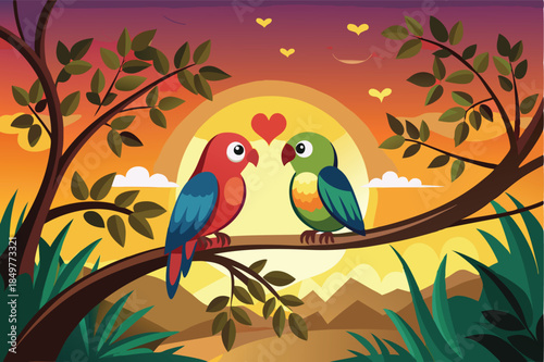 lovebirds perched on a tree branch with heart shape