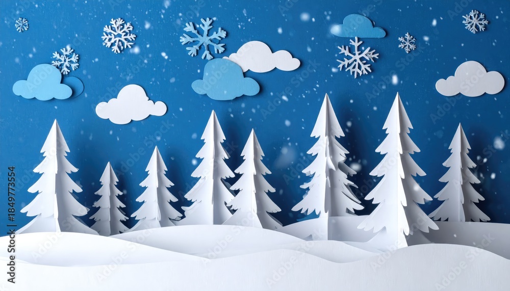 Obraz premium A wintry scene featuring handcrafted paper-cut elements, evoking a festive and snowy ambiance