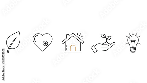 Set of five minimalist line icons representing nature health home growth and bright ideas for sustainability concepts