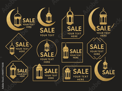 Ramadan Sale Badge Collection and Islamic Decorative Elements with Golden Lanterns