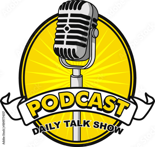 podcast logo talk show label badge design vector illustration vintage retro style template design
