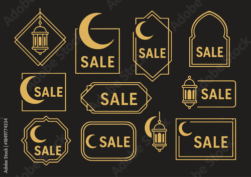 Ramadan Sale Badge Collection and Islamic Decorative Elements with Golden Lanterns and Crescent Moon