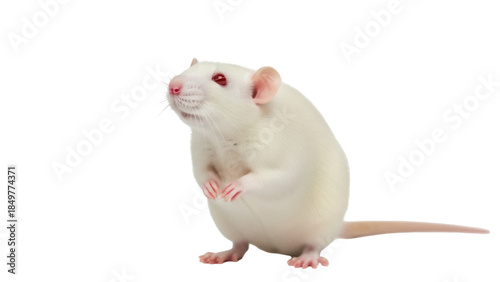 Isolated albino rat standing upright, looking up cutely, studio shot of adorable rodent