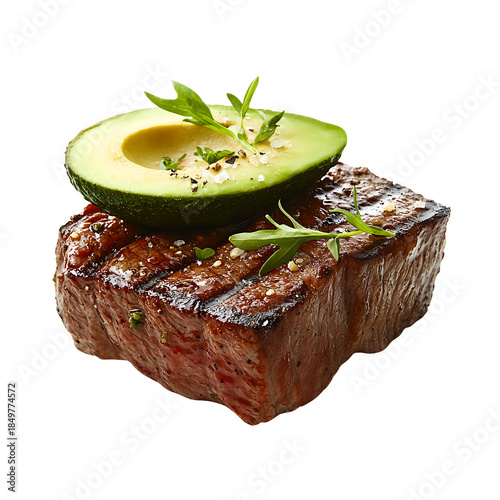 Grilled steak with avocado garnish on a transparent background