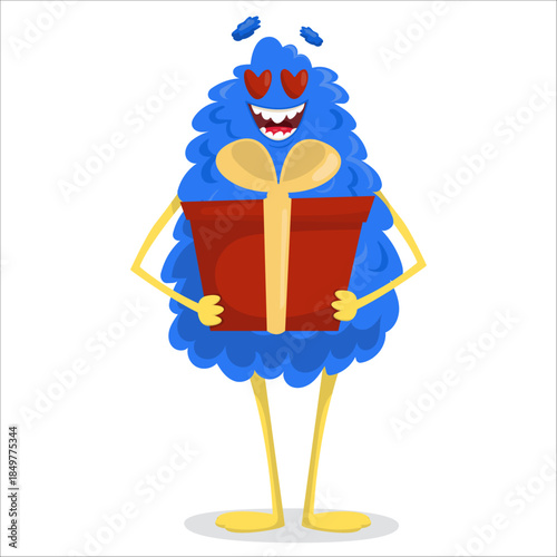 A cute vector monster holding a gift. Monster, vector, holiday, balloons, fun, love