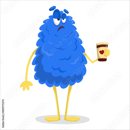A disgruntled vector monster holding a cup of coffee. Monster, vector, coffee, disgruntlement, morning