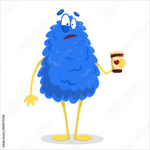 A scared vector monster holding a coffee. Monster, vector, coffee, scared, stressed