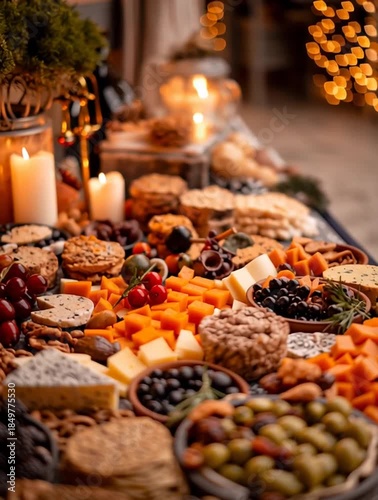 Festive Charcuterie Display: A delectable spread of culinary delights, featuring a tempting array of cheeses, crackers, fruits, and assorted delicacies.