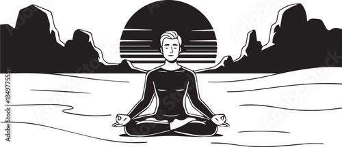 Vector illustration of a woman silhouette sitting in a lotus pose for yoga and zen meditation to promote health, balance, and relaxation