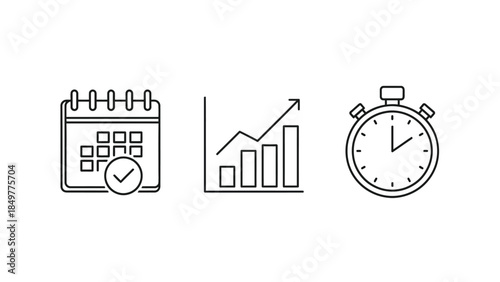 Essential business planning icons representing scheduling progress tracking and time management in a clean outline style