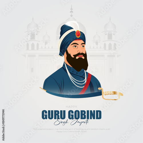 Happy Guru Gobind Singh Jayanti Sikh Festival Greeting Illustration social media Post and Greeting Card. Birthday Celebration of Sikh Guru and Warrior Guru Gobind Singh Vector Illustration