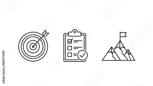 Simple black and white line icons representing goal achievement target planning and ultimate success on a mountain peak