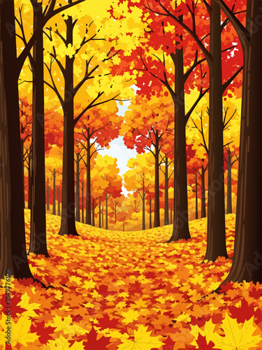 Vibrant autumn forest path illustration with colorful red, orange, and yellow leaves covering trees and ground, depicting a serene fall season