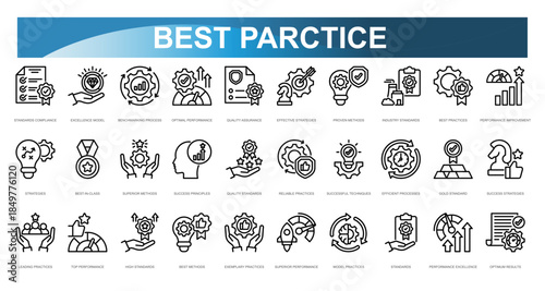 Best Parctice icon set. Standards Compliance, Excellence Model, Benchmarking Process, Optimal Performance, Quality Assurance, Effective Strategies, Proven Methods, Industry Standards. Vector illustrat