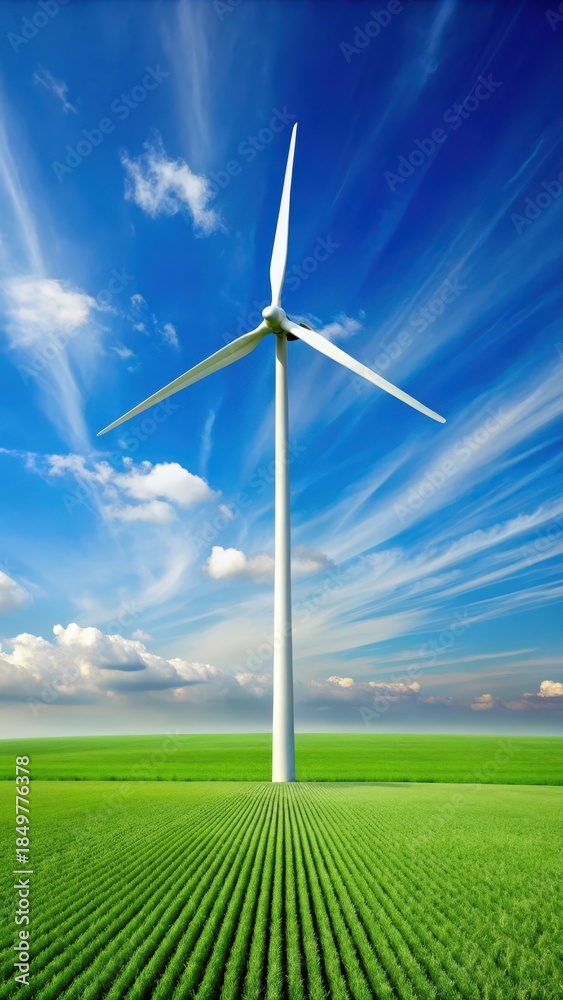 Obraz premium A wind turbine in a field with a green background and a subtle grid pattern