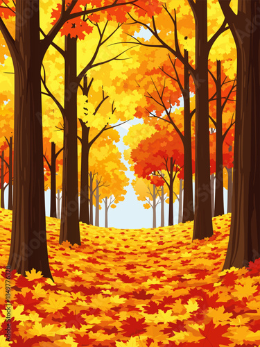Vibrant Autumn Forest Path with Golden and Red Leaves Blanketing the Ground in a Beautiful Seasonal Landscape Vector Illustration