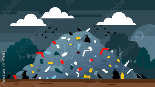 Massive accumulation of discarded waste forming a towering landfill under a gloomy sky, illustrating severe environmental pollution and ecological challenges