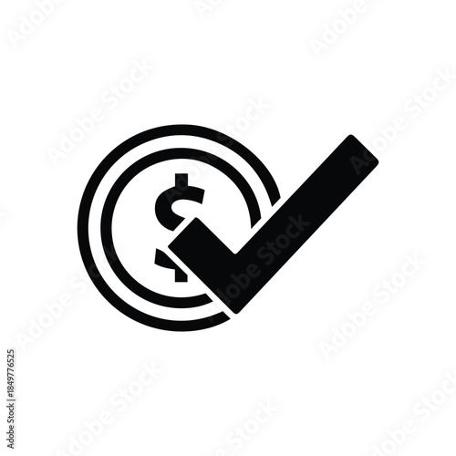 Minimalist icon showing a dollar coin with a bold checkmark representing successful payment, verified transaction, or approved financial deal.