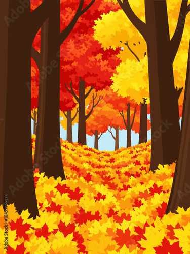 Vibrant autumn forest landscape with a winding path covered in a breathtaking carpet of colorful fallen leaves, showcasing the rich hues of the fall season