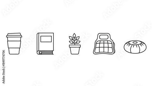 Minimalist line art icons representing essential daily items for work study and relaxation in a clean design style