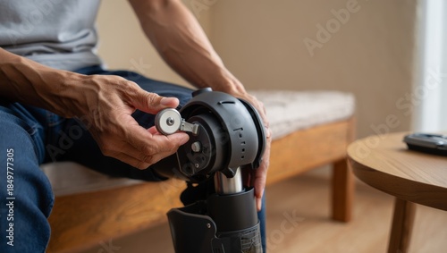 amputee adjusting knee prosthesis while sitting with device angled forward