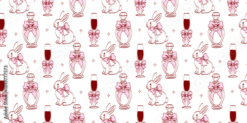 Hand-drawn coquette wedding pattern. Vintage ribbons and bows in crayon sketch style. Seamless, romantic background for Valentine's Day and invitations.