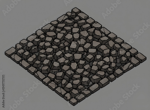 An isometric drawing of small, smooth grey stones and pebbles. Perfect as a tileable asset or ground texture for mobile games.
