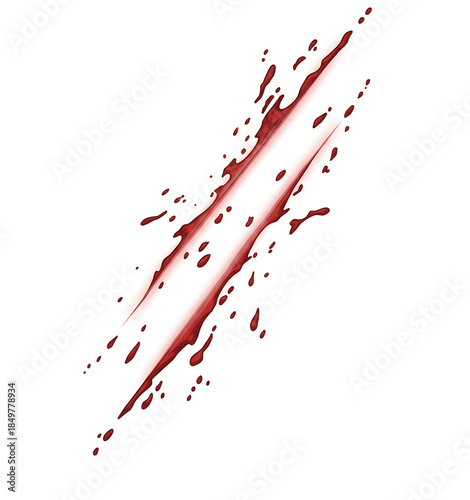 A comic VFX effect on a white background: two long, dynamic red slashes with flying droplets. Emphasizes speed, impact, and graphic violence.