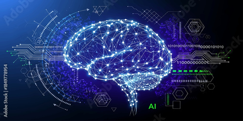 Digital human brain with binary code and futuristic technology elements