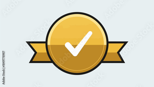 A blue ribbon with a checkmark icon symbolizing approval and validation on a white background from a straightforward viewpoint.