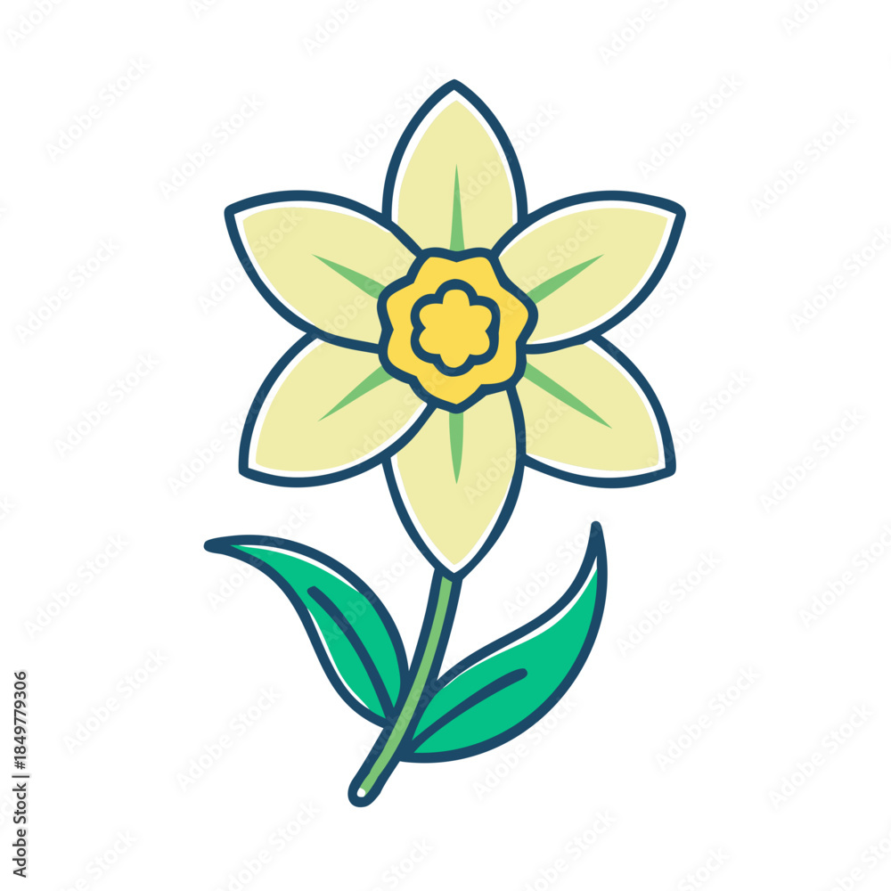 Obraz premium Yellow daffodil flower with green leaves on a white background for spring concept 