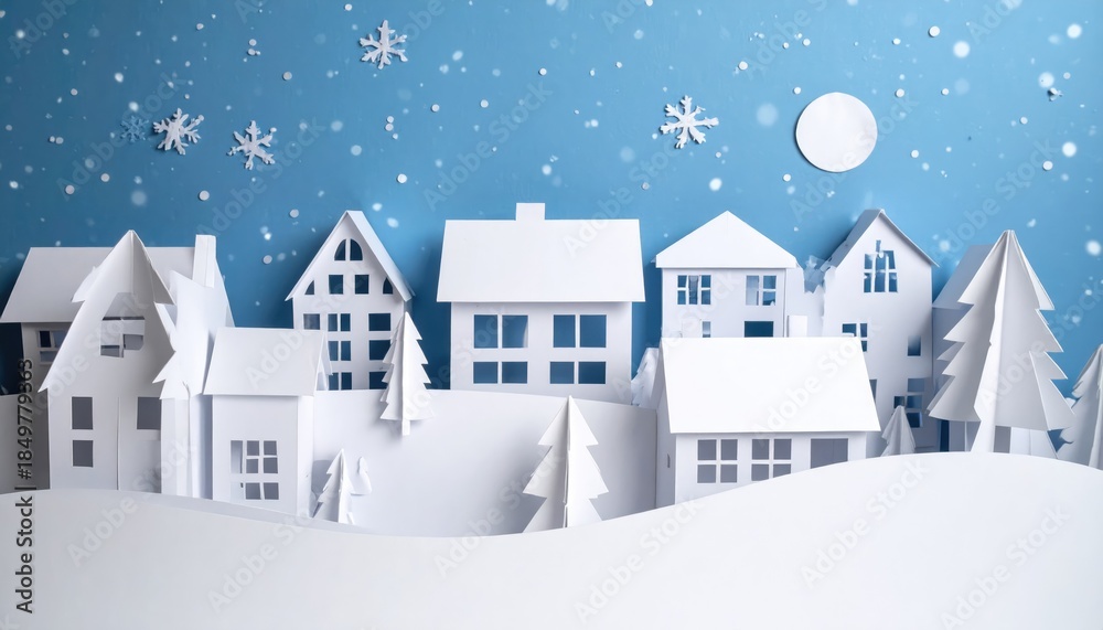 Fototapeta premium A picturesque paper-cut winter village scene with falling snowflakes and a full moon. The charming townscape features detailed houses and trees in a serene, snowy setting.